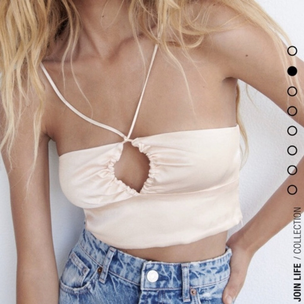Zara Champagne Satin Effect Cut Out Halter Crop Top